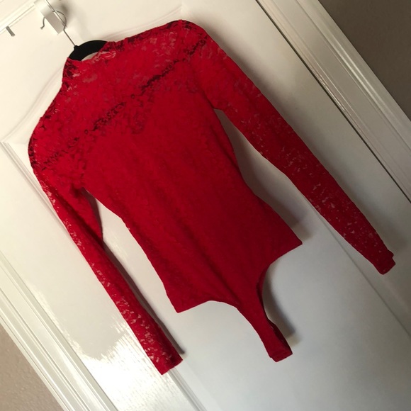 NWT Guess Victotorian Red Lace Longsleeve Bodysuit - Picture 13 of 13